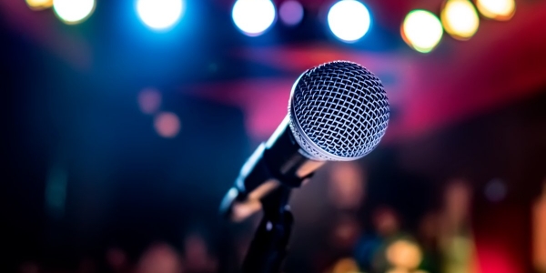 Public performance on stage Microphone on stage against a background of auditorium. Shallow depth of field. Public performance on stage.